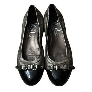AGL Cap Toe Ballet Flats Womens 8 38 Gray/Silver Black Leather Patent Buckle